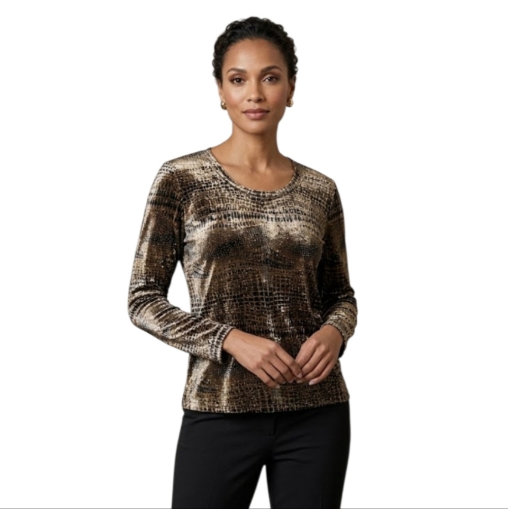 Chico's Design Gold and Black Velvet Reptile Print Top Size Large